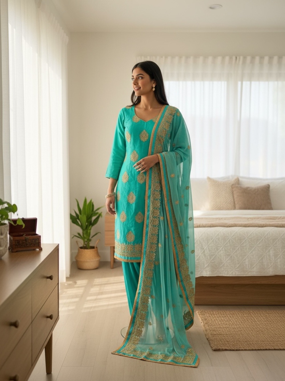 Teal and Sea Green (double shade) Embroidered Salwar Kameez Patiala Set